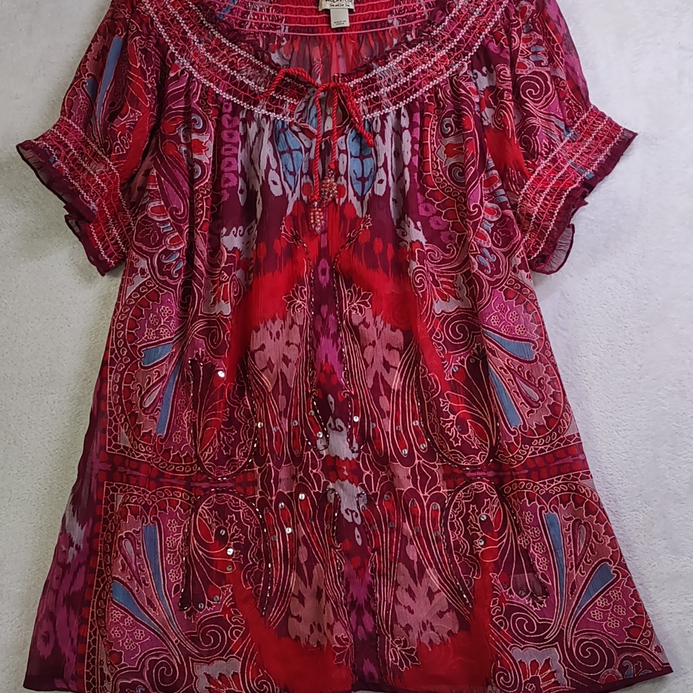 Emerald Red and Pink Paisley Blouse, See Through, Bead Detail/Strings Gorgeous